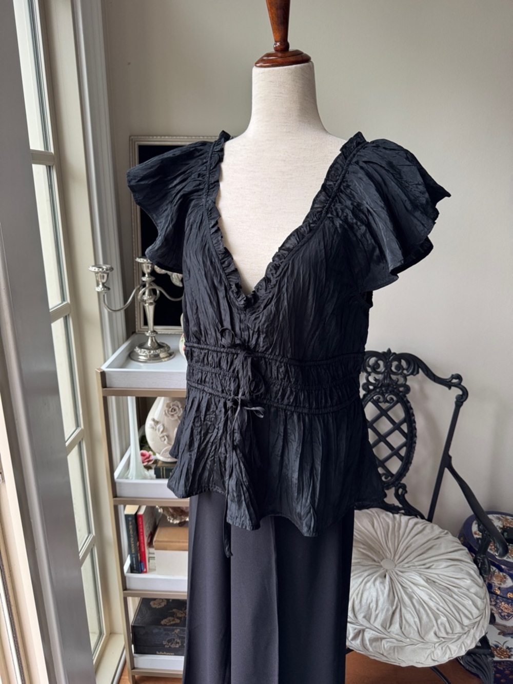 J. Crew Black Crinkled Ruffle V-Neck Smocked-Waist Blouse